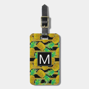 Guld- ananas på Monogram för randar Bagagebricka