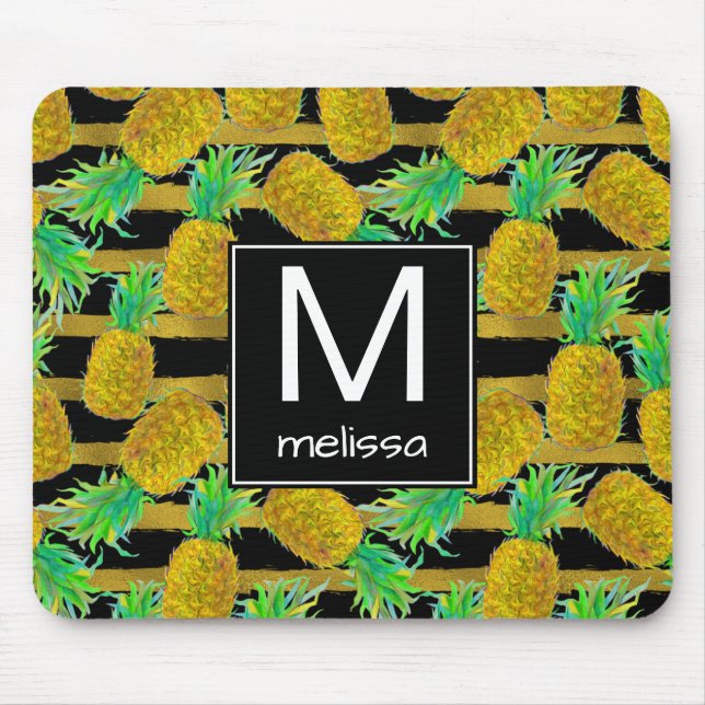 Guld- ananas på Monogram för randar | Musmatta (Framsidan)