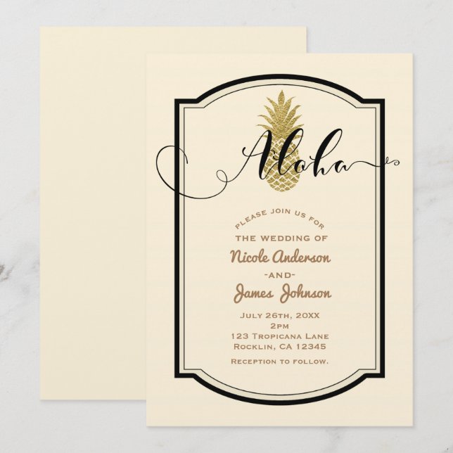 Guld Ananas & Svart Rustik Ananas Tropisk Inbjudningar (Fram/baksida)