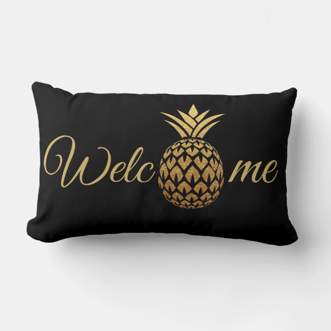Guld Ananas Svart Välkommen Lumbarkudde (Framsida)