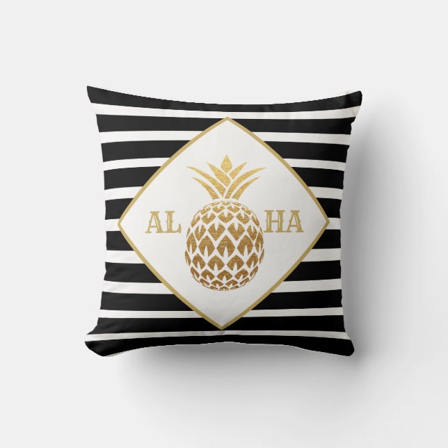 Guld Ananas Svart Vit Aloha Tropisk Kudde (Framsida)