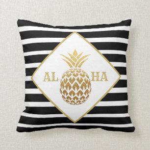 Guld Ananas Svart Vit Aloha Tropisk Kudde