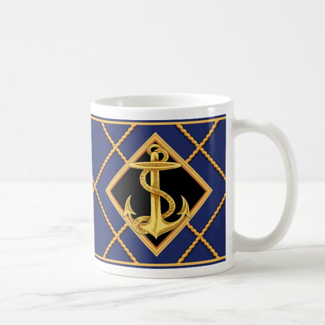 Guld Anchor & Frakt Rope Navy Blue Nautical Mugg/K Kaffemugg (Höger)