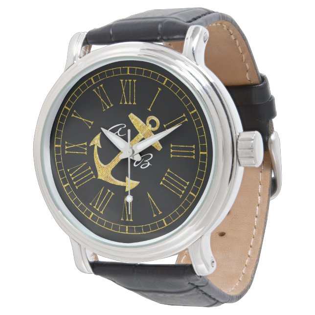 Guld Anchor Initialer personalize Armbandsur (Vinklad)