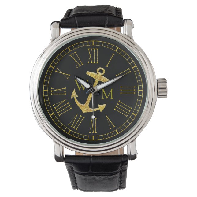 Guld Anchor Monogram Ditt Färg personaliserar Armbandsur (Framsida)