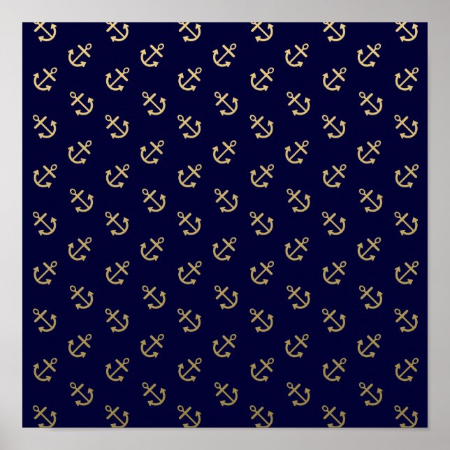 Guld Anchors Navy Blue Background Mönster Poster (Framsidan)