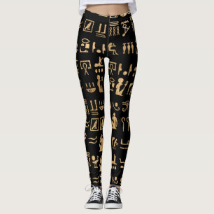 Guld Ancient Egyptian Hieroglyphies on Black Leggings