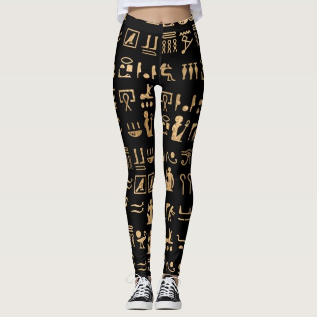 Guld Ancient Egyptian Hieroglyphies on Black Leggings (Framsida)