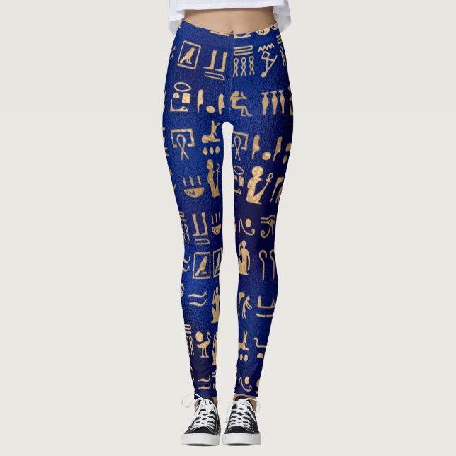 Guld Ancient Egyptian Hieroglyphies på Blue Leggings (Framsida)
