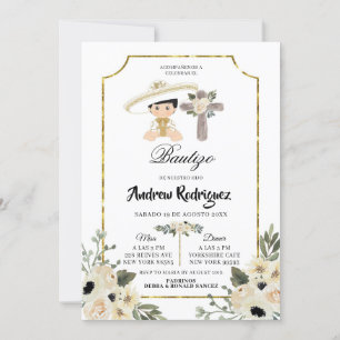 Guld and White Blommigt Boy Bautizo-inbjudan Inbjudningar
