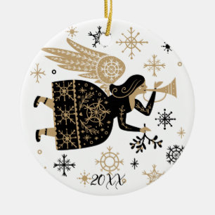 Guld Angel Stars jul Sång Folkart Julgransprydnad Keramik