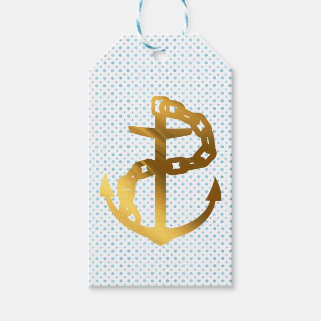 Guld-ankare på Märkrn Havsblå prickar Presentetikett (Framsidan)