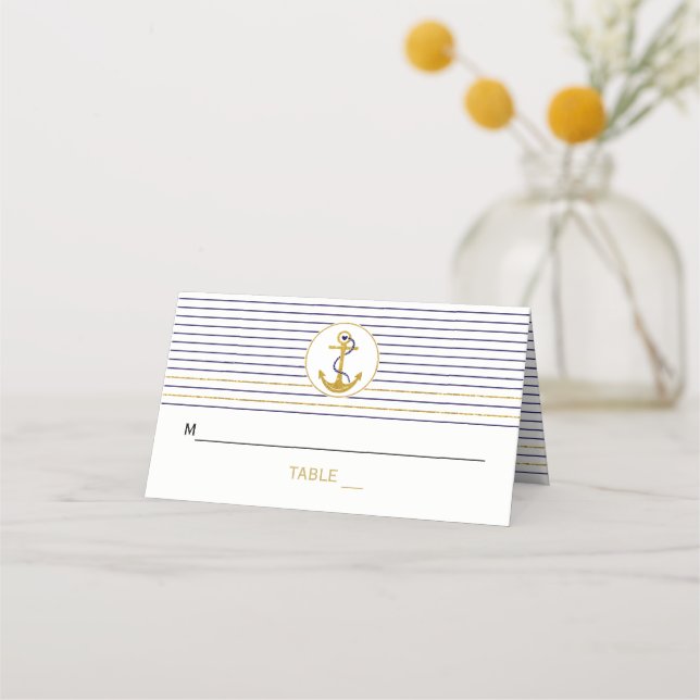 Guld ankarplats rand sjömansvapen i bröllop placeringskort (Framsida)