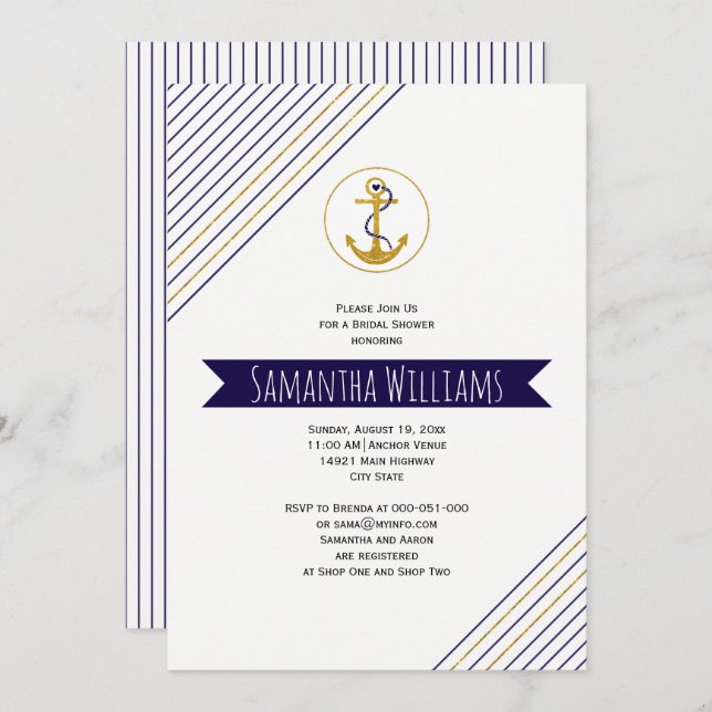 Guld ankarpunkt rand nautisk möhippa bröllop inbjudningar (Fram/baksida)