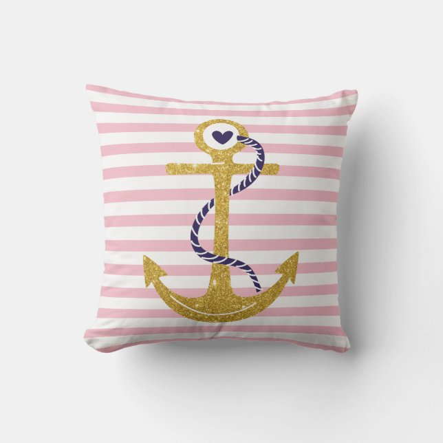 Guld ankarpunkt  rosa, sjömansfartyg i vitt rand kudde (Framsida)