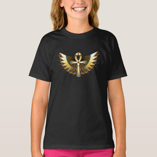 Guld Ankh med Vingar T Shirt (Framsida)