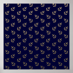 Guld ankrar det marinblåa bakgrundsmönster poster