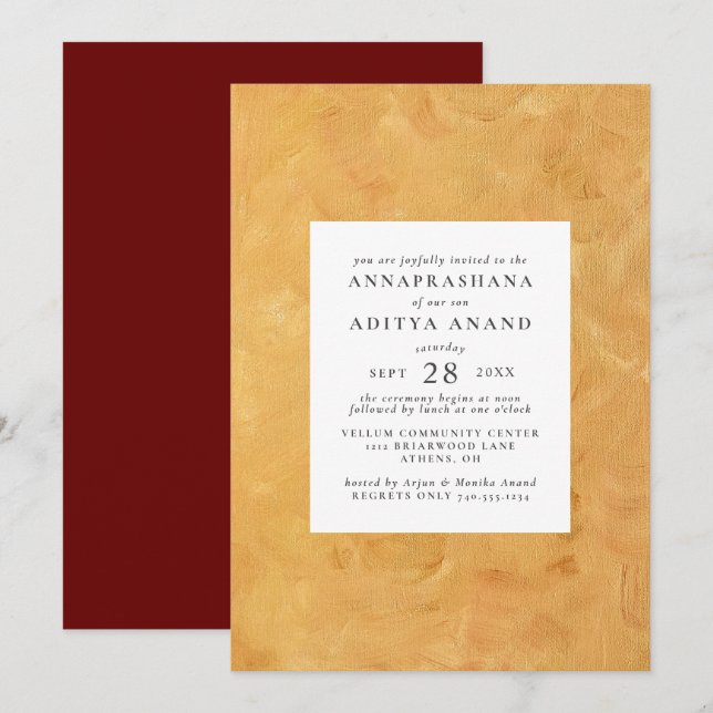 Guld Annaprashana First Ris Ceremony Inbjudningar (Fram/baksida)