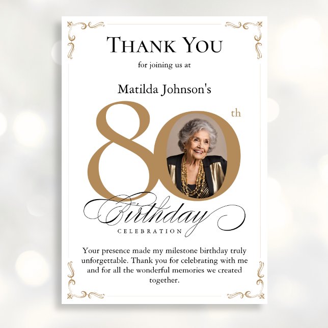 Guld Anpassningsbar Foto 80:e födelsedagen - tack  Inbjudningar (Mockup View)