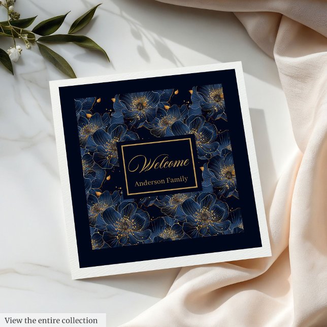 Guld Anpassningsbar Napkins Lux Blommigt Bord Stil Pappersservett (Navy Gold Custom Napkins Lux Floral Table Style)