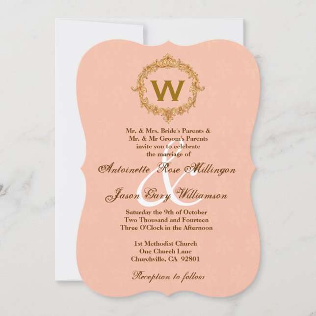 Guld Antik Ram Fersken Monogram Bröllop Inbjudningar (Framsida)