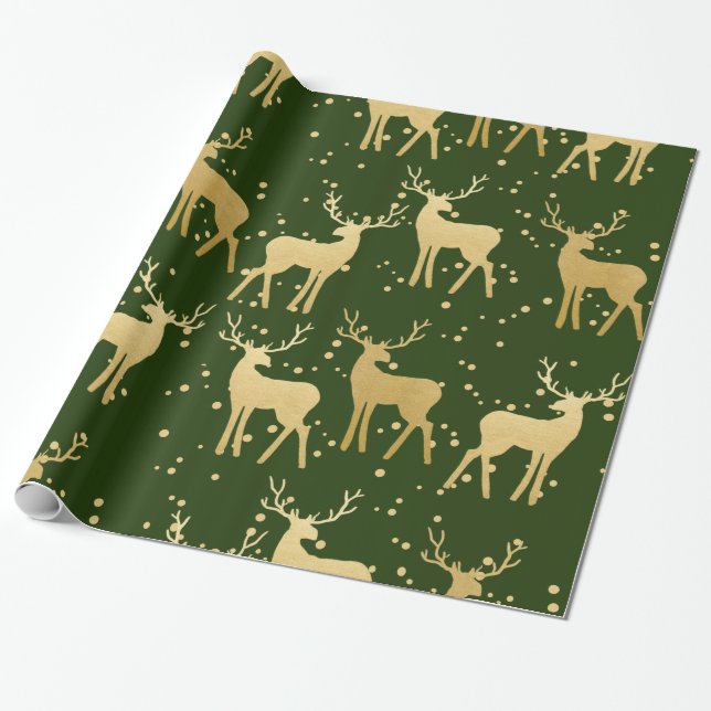 Guld Antler Reindeer Elegant Grönt  | Polka dots Presentpapper (Utrullad)