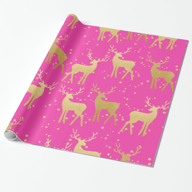 Guld Antler Reindeer Elegant Rosa Polka dots Presentpapper (Utrullad)