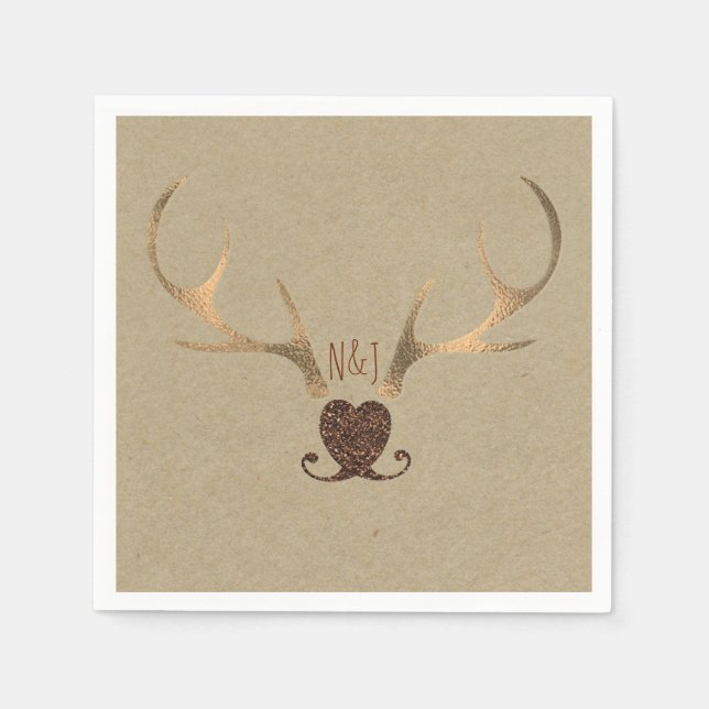 Guld Antlers & Brown Pappra Rustic Bröllop Pappersservett (Framsidan)