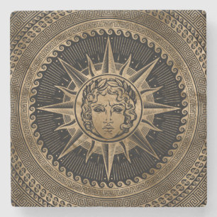 Guld- Apollo solgud på greknyckelprydnad Stenunderlägg