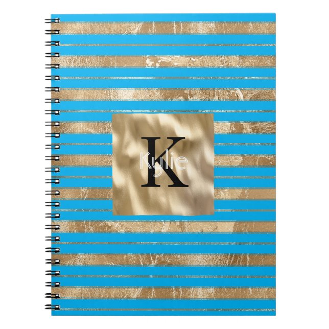 Guld Aqua Blå Ränder Monogram Namn Anteckningsbok (Framsidan)