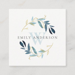 GULD AQUA BLUE FOLIAGE INITIAL WREATH PROFESSIONEL FYRKANTIGT VISITKORT