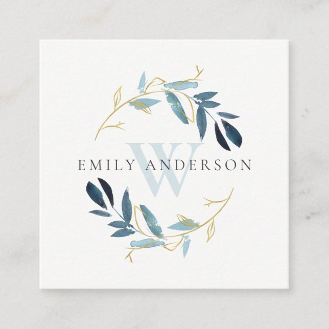GULD AQUA BLUE FOLIAGE INITIAL WREATH PROFESSIONEL FYRKANTIGT VISITKORT (Framsida)