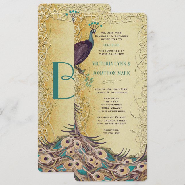 Guld Aqua Eggplant Art nouveau Peacock Bröllop Inbjudningar (Fram/baksida)