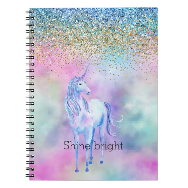 Guld Aqua Glitter Lila Unicorn Gnistra Anteckningsbok (Framsidan)