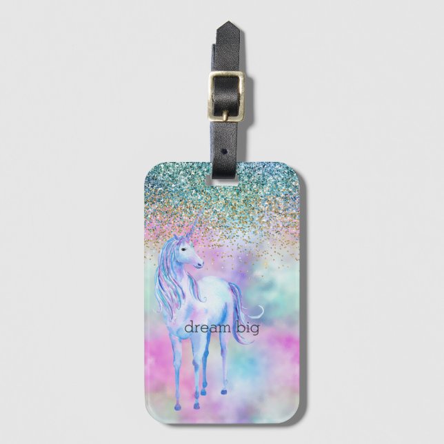 Guld Aqua Glitter Lila White Unicorn Gnistra Bagagebricka (Framsida vertikal)