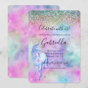 Guld Aqua Glitter Lila White Unicorn Gnistra Inbjudningar