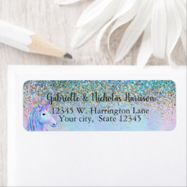Guld Aqua Glitter Lila White Unicorn Gnistra Returadress Etikett