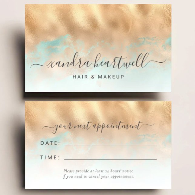 Guld Aqua Shimmer Script Hår Salong Bokning Visitkort (Skapare uppladdad)