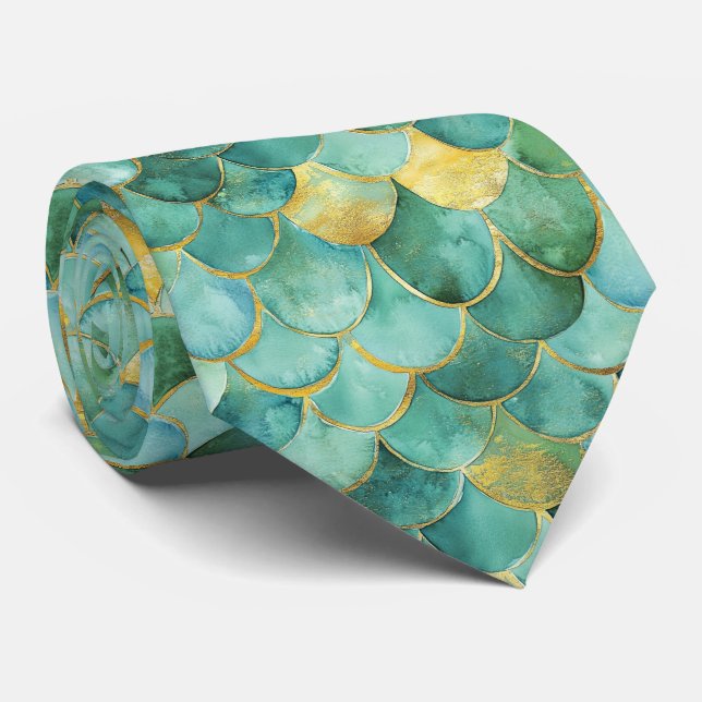 Guld Aqua Sirenskala Vattenfärg Mönster Slips (Rullad)