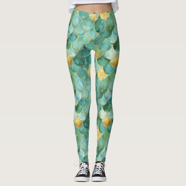 Guld Aqua Sjöjungfru  vattenfärgen Mönster Leggings (Framsida)