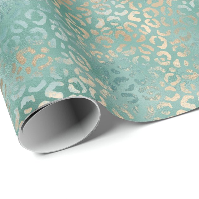Guld Aqua Teal Turquoise Glam Leopard Skriv ut Presentpapper (Rullad Hörn)
