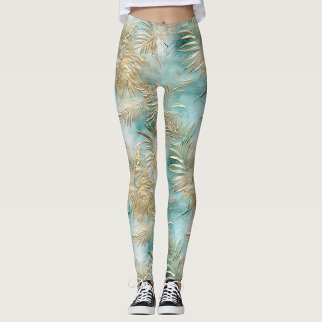 Guld Aqua White Tropical Löv Leggings (Framsida)