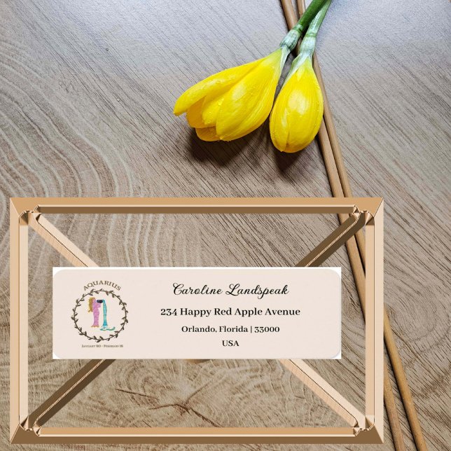 Guld Aquarius Zodiac-tecken, Embossed Blommigt Adr Returadress Etikett (Skapare uppladdad)