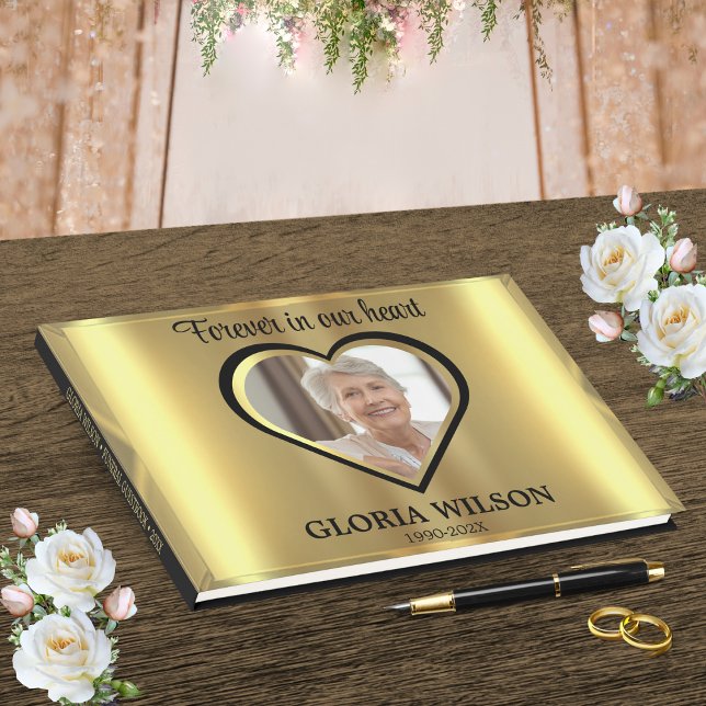 Guld är avbländat i vår hjärträler gästböcker (Gold Beveled Forever In Our Heart Funeral Guest Book)