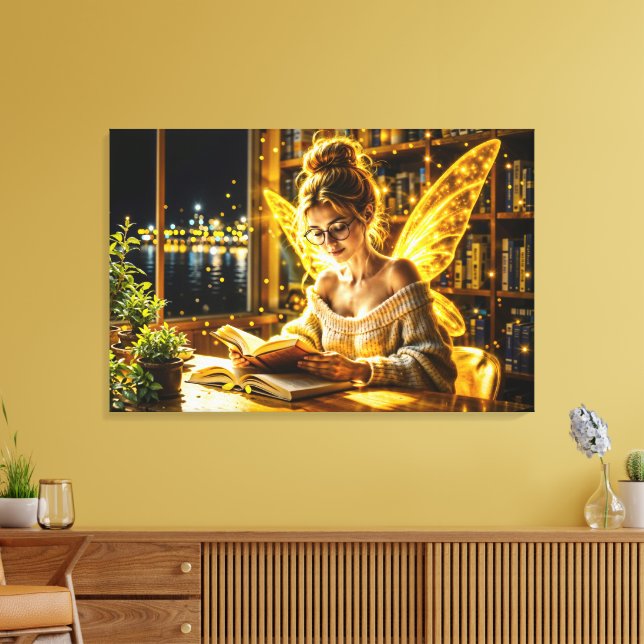 Guld är stilt fairy golden vingar mysiga bibliotek canvastryck (Insitu (Vardagsrum))