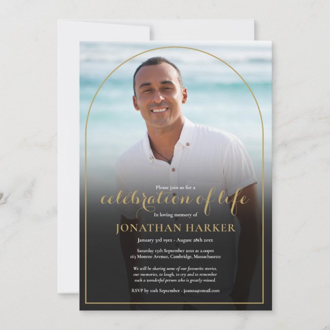 Guld Arch-begravningsfoto Firande i Life Inbjudningar (Framsida)