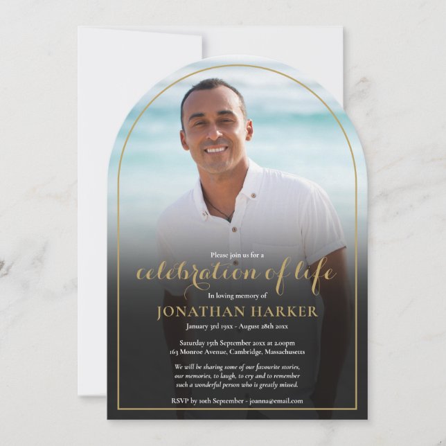 Guld Arch-begravningsfoto Firande i Life Inbjudningar (Framsida)