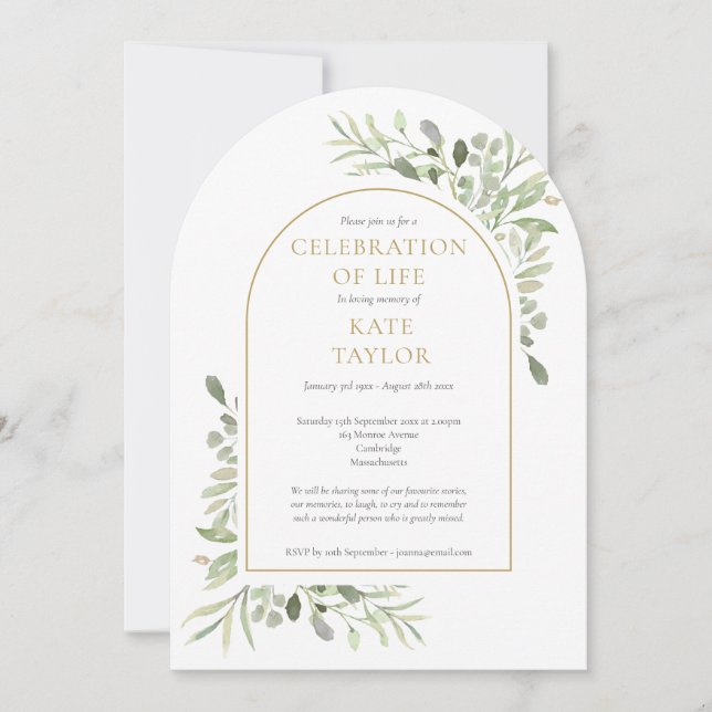 Guld Arch Greenery Funeral Firande of Life Inbjudningar (Framsida)