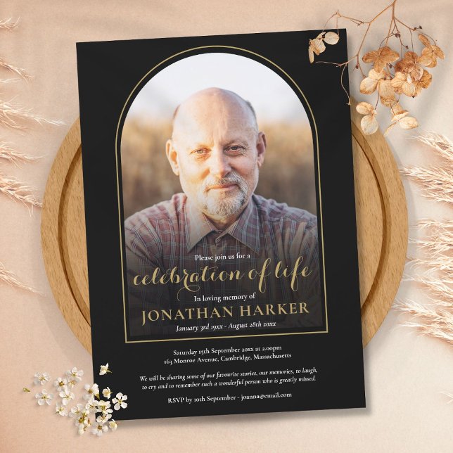 Guld Arch Photo Firande of Life Funeral Inbjudningar (Gold Arch Photo Celebration of Life Funeral Invitation)