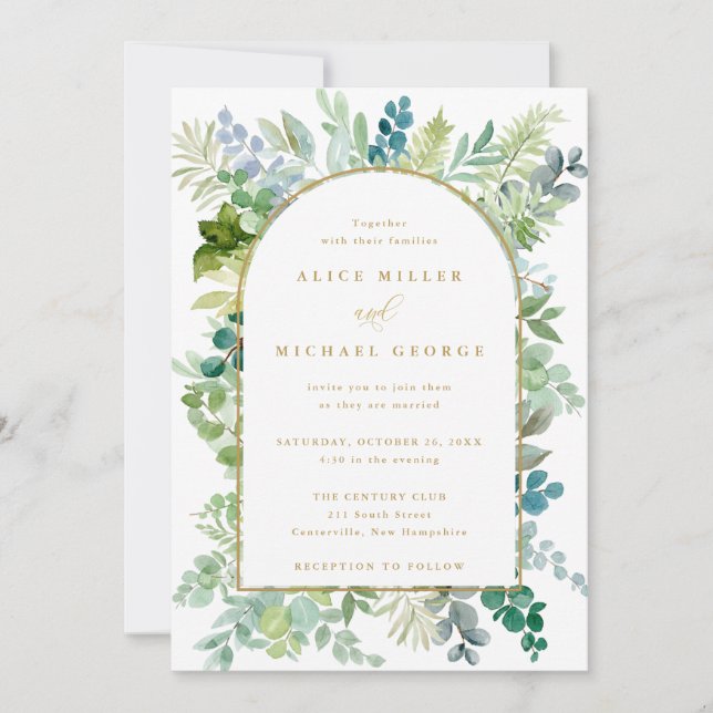 Guld Arch Ram Watercolor Greenery Bröllop Inbjudningar (Framsida)